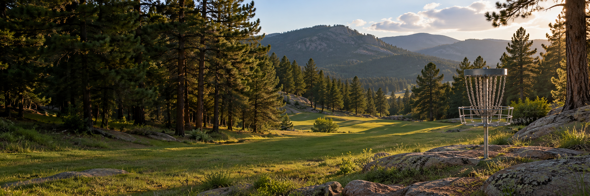 Sunlit wooded mountain disc golf course with a basket